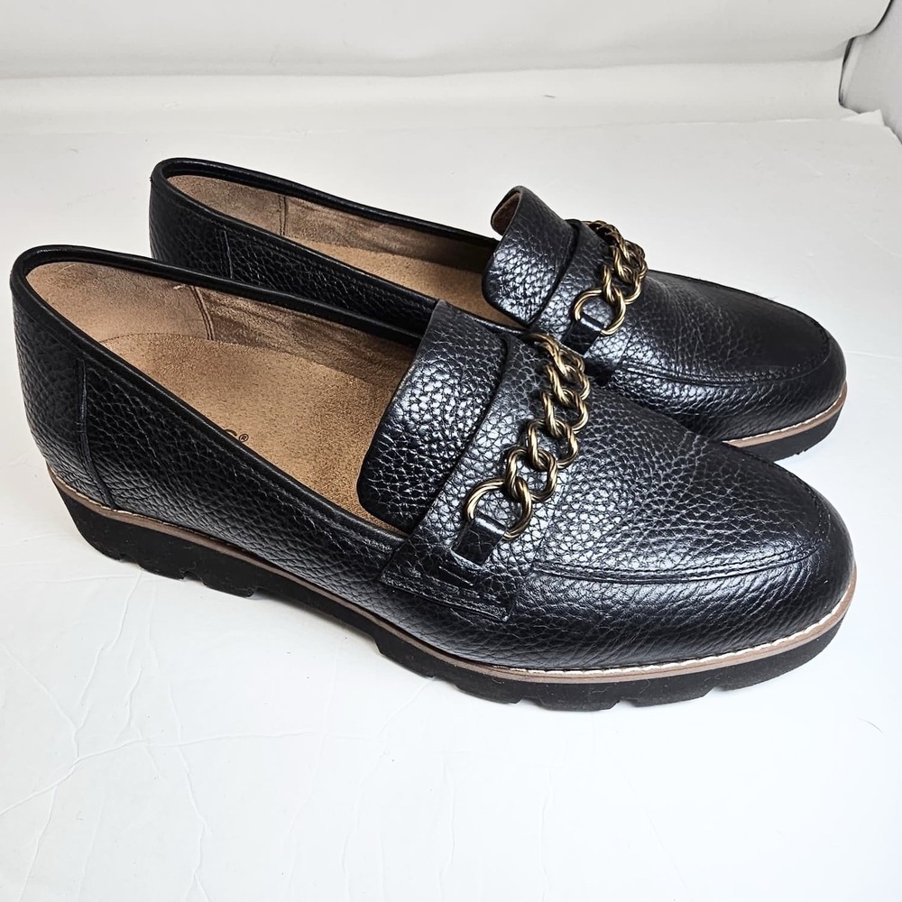 Vionic Emalyn Loafer Womens Size 10 Wide Black Tumbled Leather Slip-On Chain